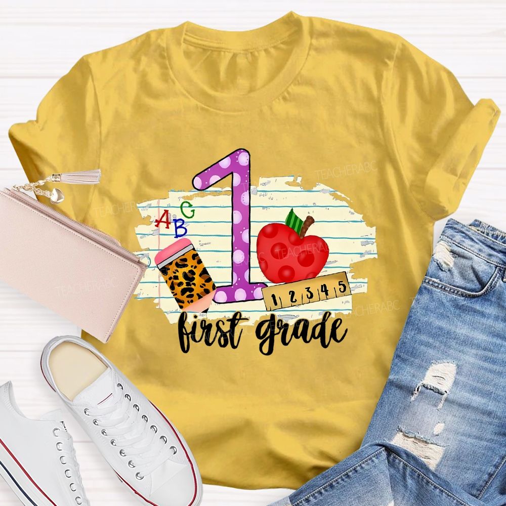 Personalized  Grade  First Grade Leopard  Print  Pencil  Apple  Teacher T-shirt
