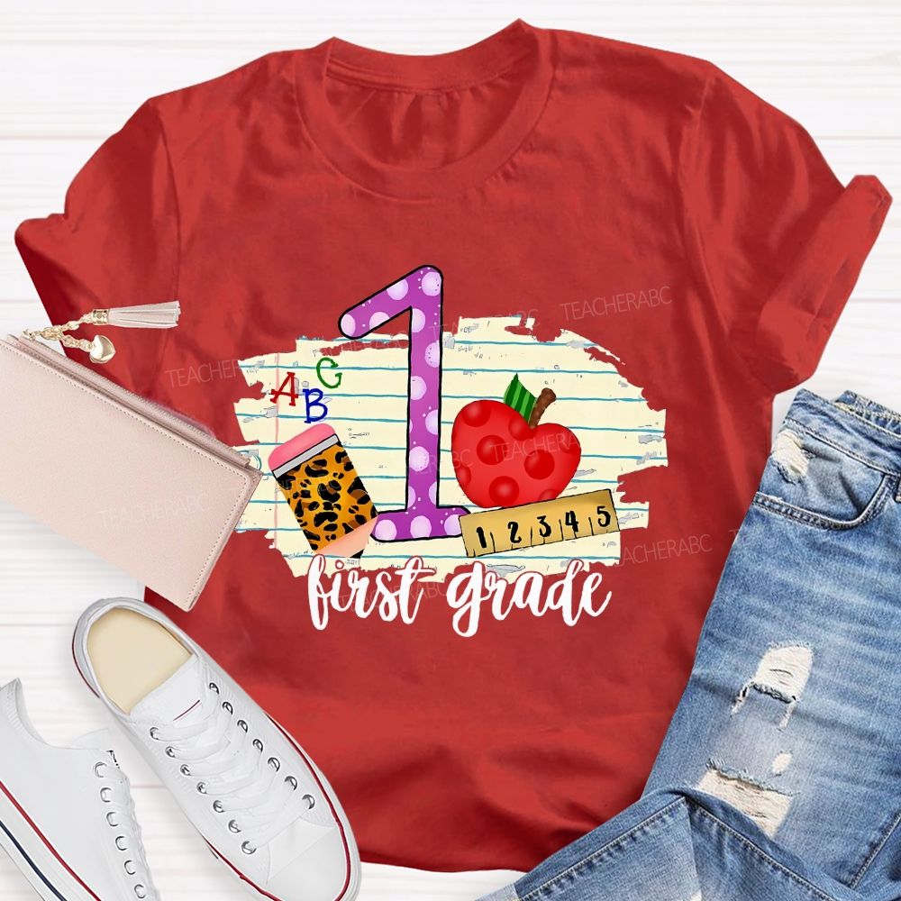 Personalized  Grade  First Grade Leopard  Print  Pencil  Apple  Teacher T-shirt