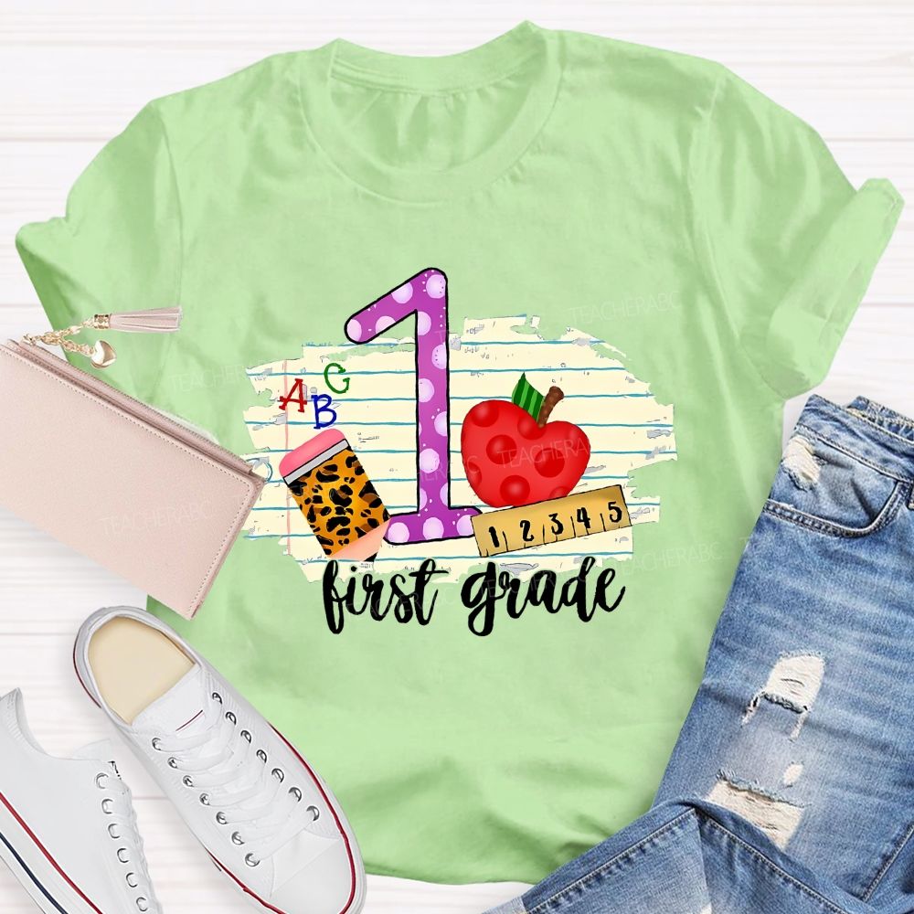 Personalized  Grade  First Grade Leopard  Print  Pencil  Apple  Teacher T-shirt