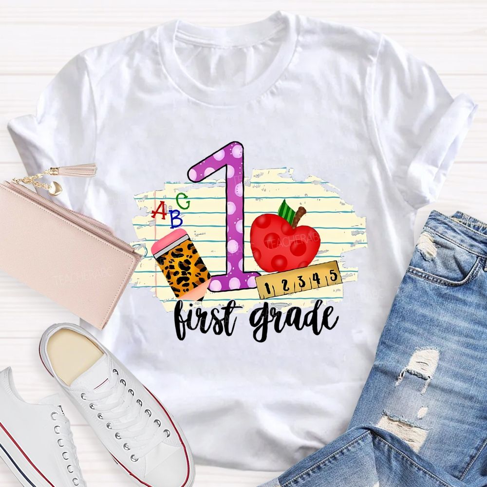 Personalized  Grade  First Grade Leopard  Print  Pencil  Apple  Teacher T-shirt