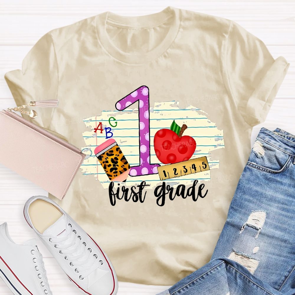 Personalized  Grade  First Grade Leopard  Print  Pencil  Apple  Teacher T-shirt