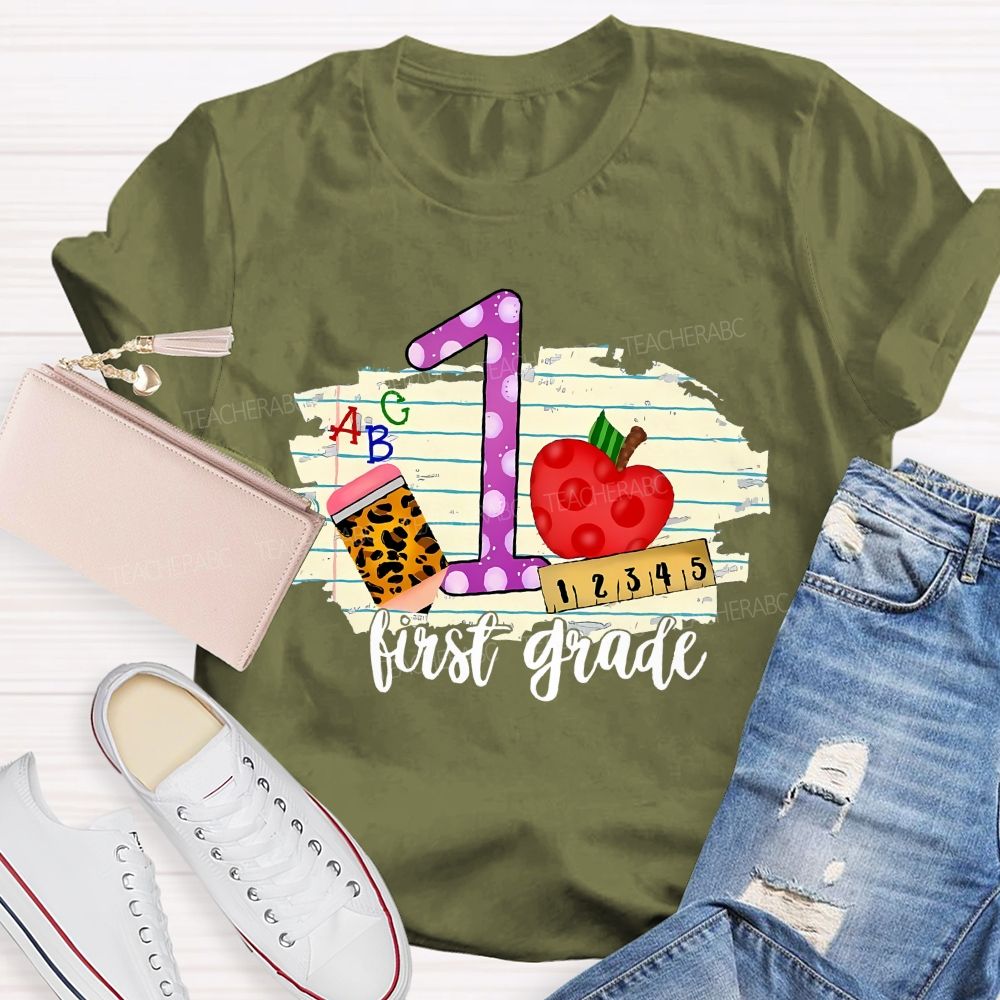 Personalized  Grade  First Grade Leopard  Print  Pencil  Apple  Teacher T-shirt