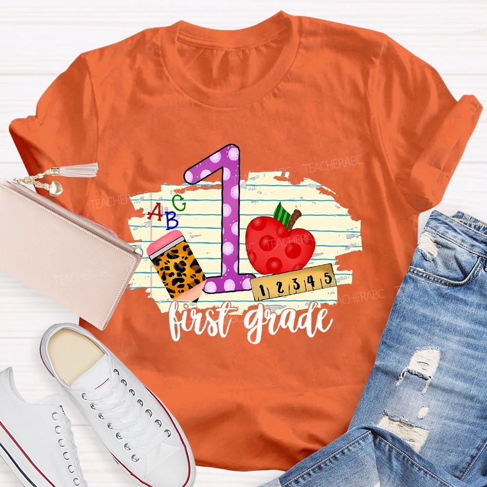 Personalized  Grade  First Grade Leopard  Print  Pencil  Apple  Teacher T-shirt