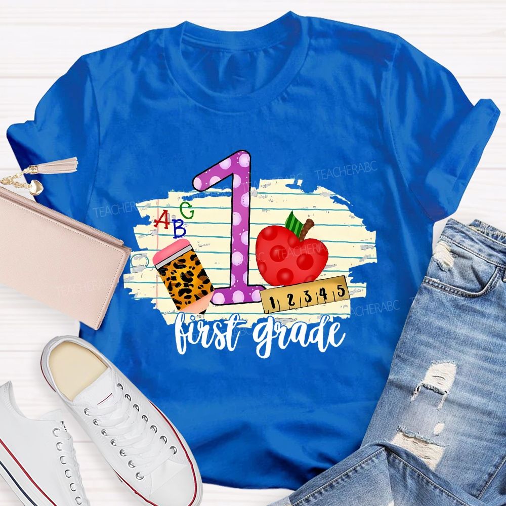 Personalized  Grade  First Grade Leopard  Print  Pencil  Apple  Teacher T-shirt