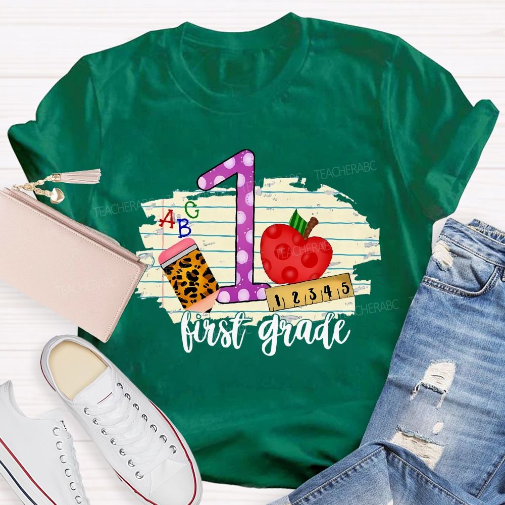 Personalized  Grade  First Grade Leopard  Print  Pencil  Apple  Teacher T-shirt