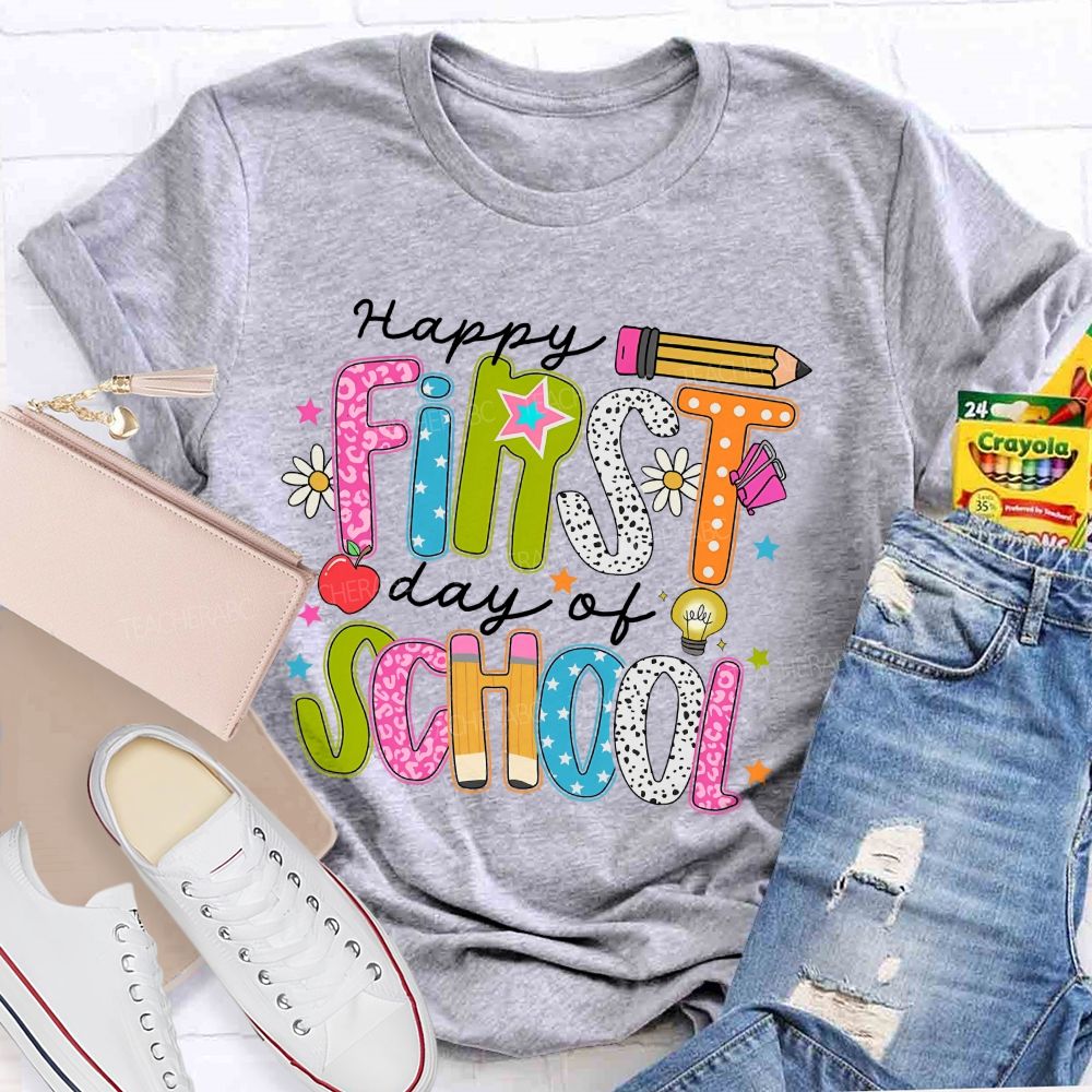 Happy First Day Of School Colorful Graphics Letters  Teacher T-shirt