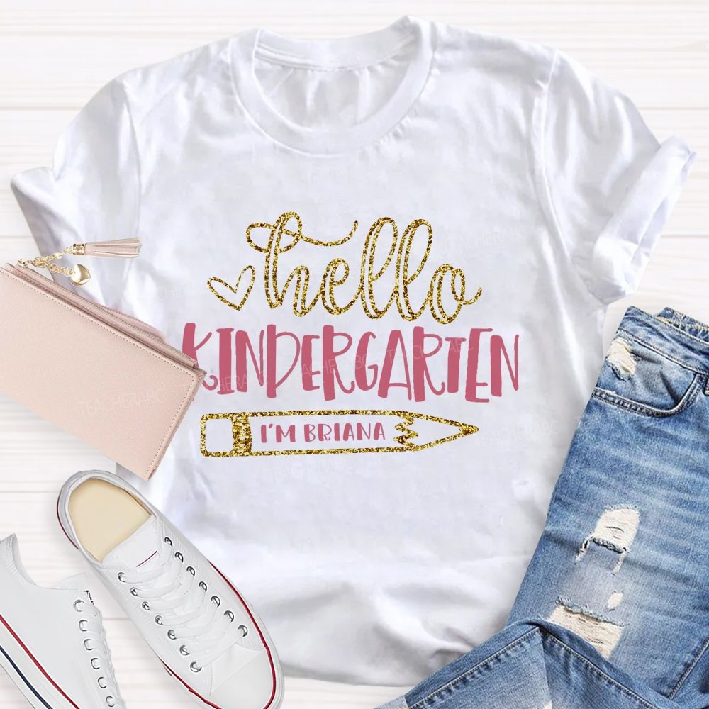 Personalized Name And Grade   Hello Kindergarten   Letters  Teacher T-shirt