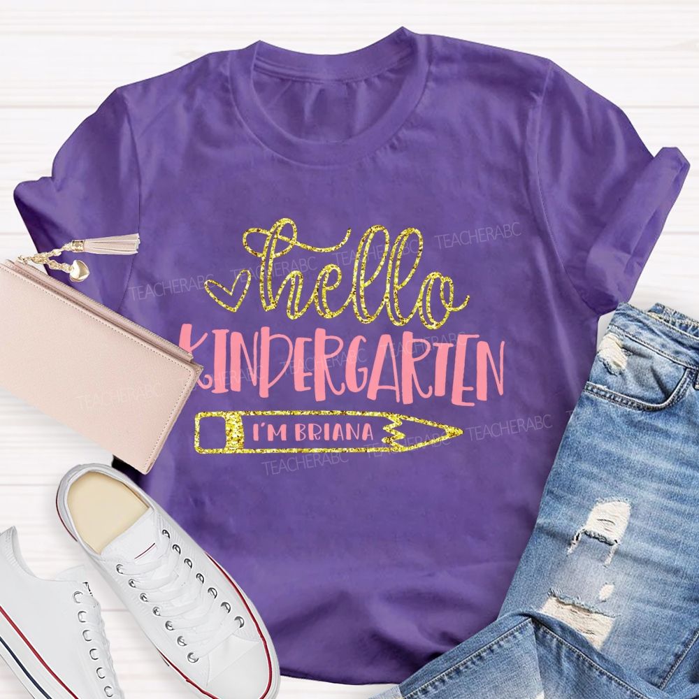 Personalized Name And Grade   Hello Kindergarten   Letters  Teacher T-shirt