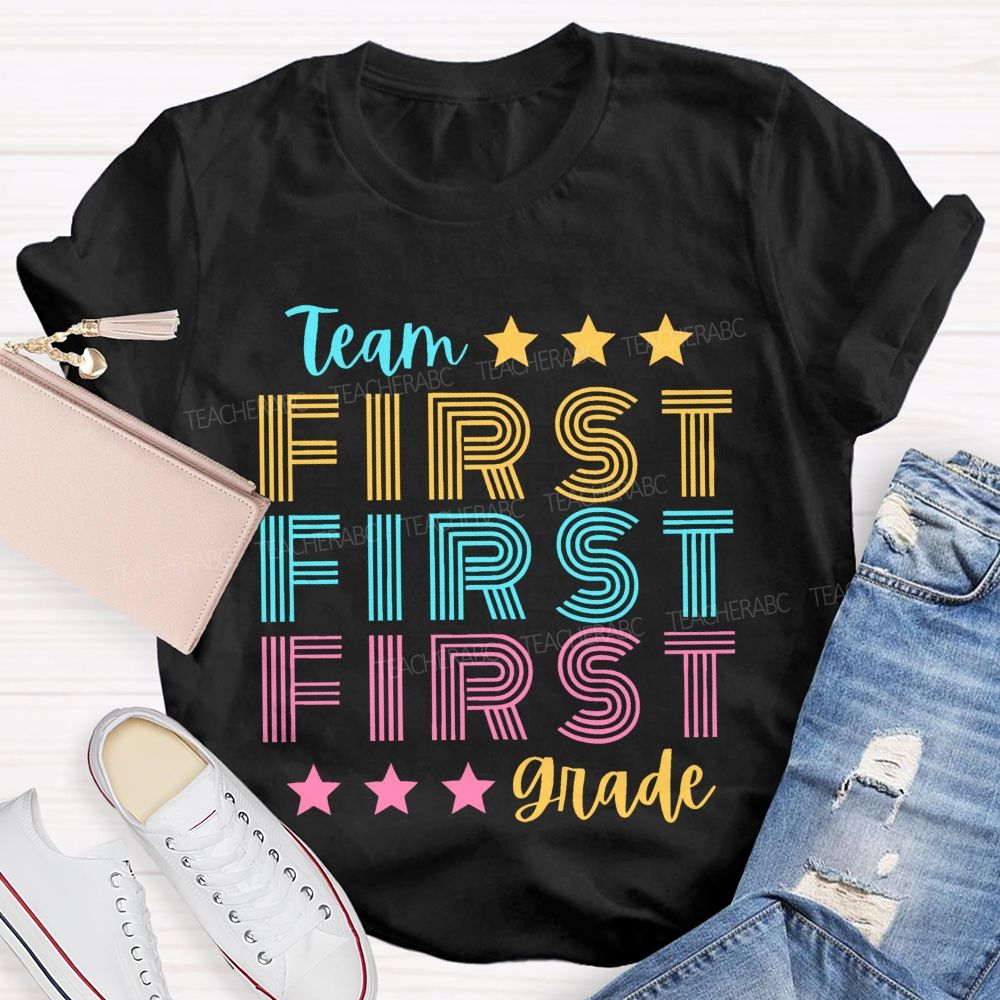 Personalized  Grade Team First Grade Colorful Letters  Teacher T-shirt