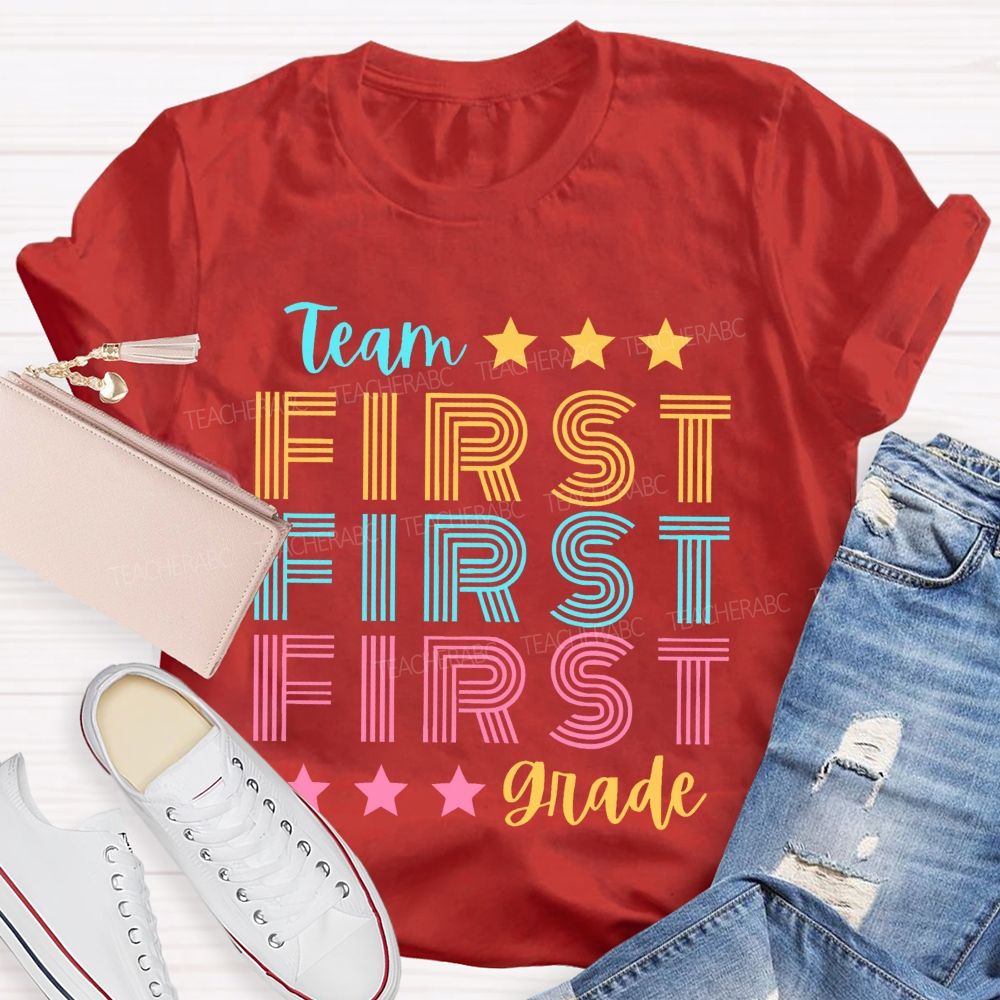 Personalized  Grade Team First Grade Colorful Letters  Teacher T-shirt