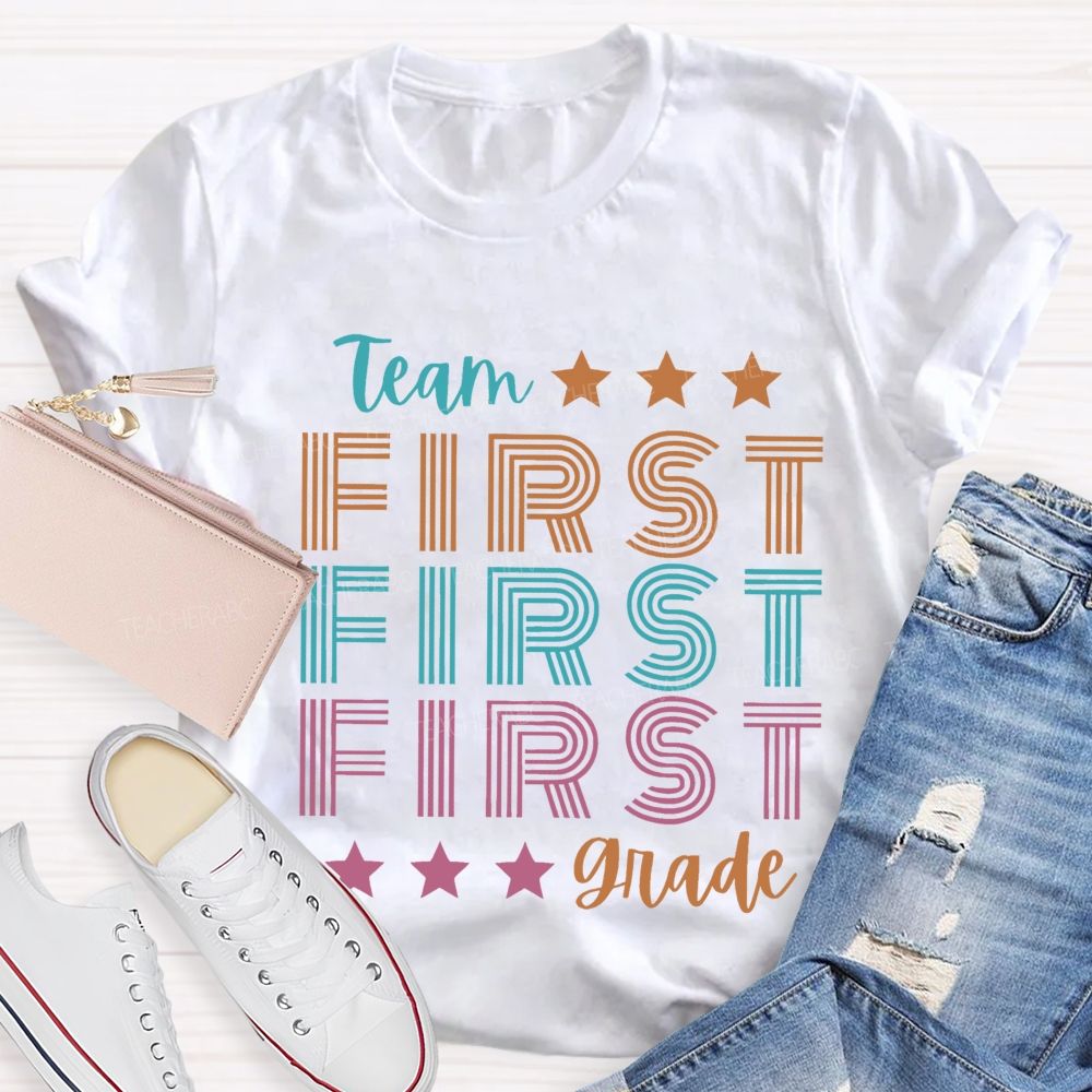 Personalized  Grade Team First Grade Colorful Letters  Teacher T-shirt