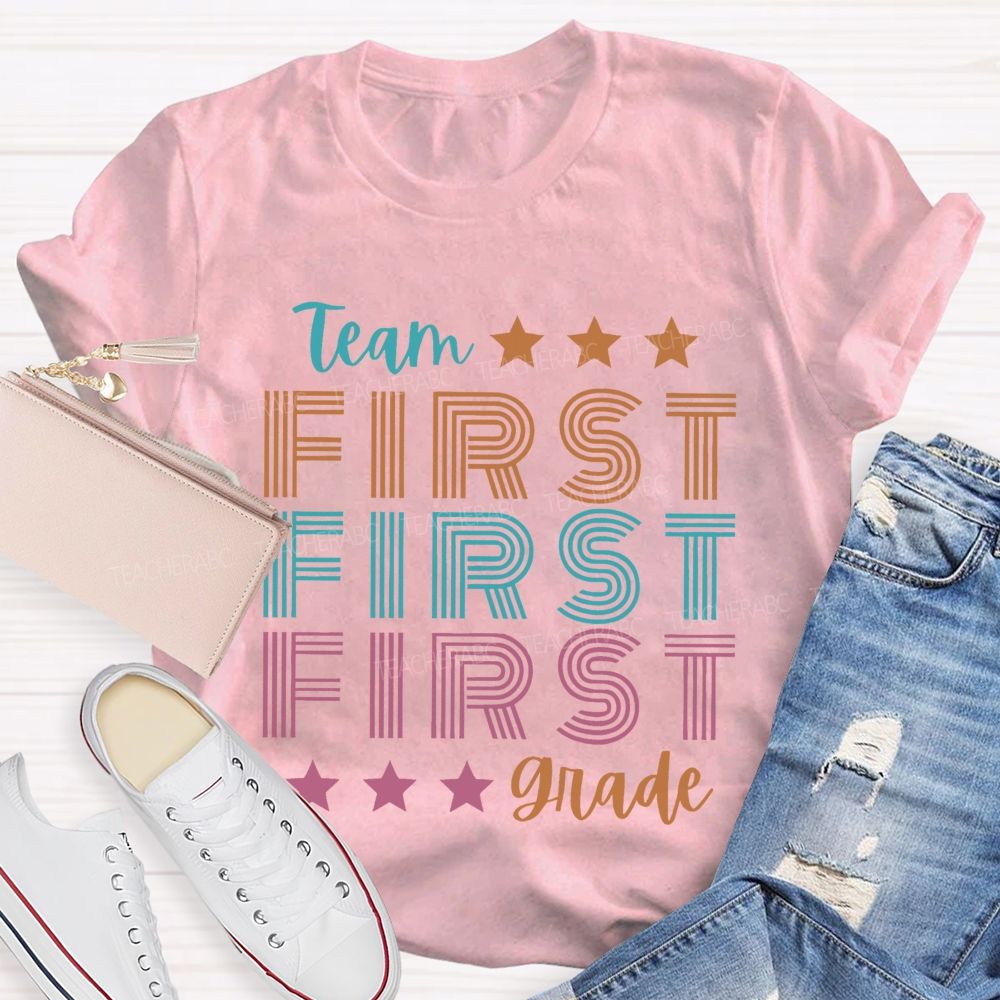 Personalized  Grade Team First Grade Colorful Letters  Teacher T-shirt