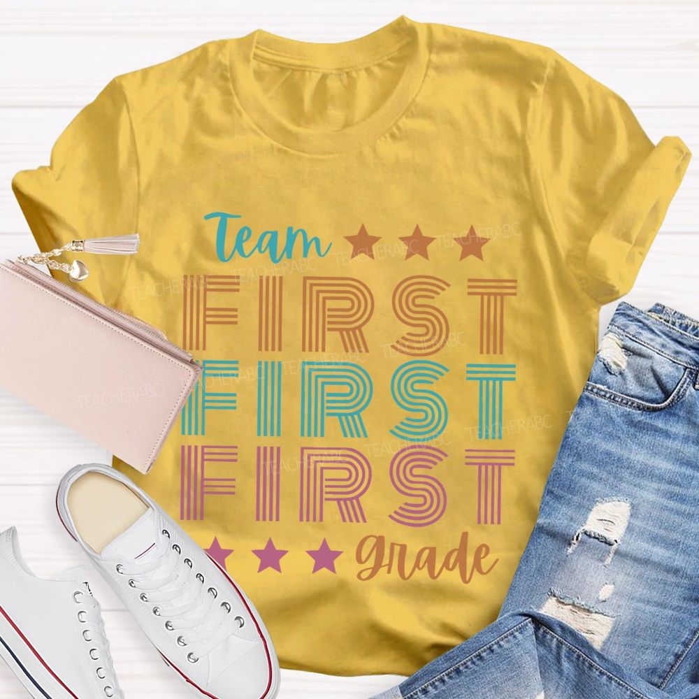 Personalized  Grade Team First Grade Colorful Letters  Teacher T-shirt