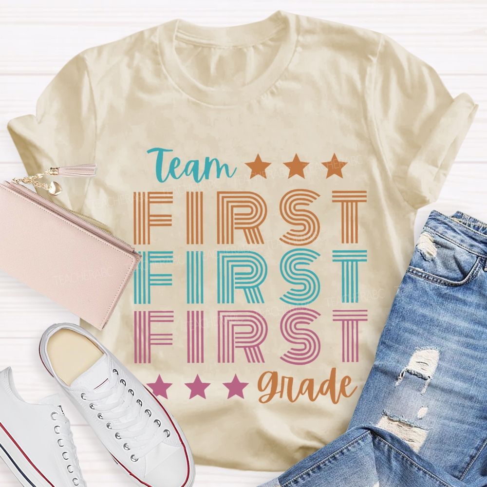 Personalized  Grade Team First Grade Colorful Letters  Teacher T-shirt