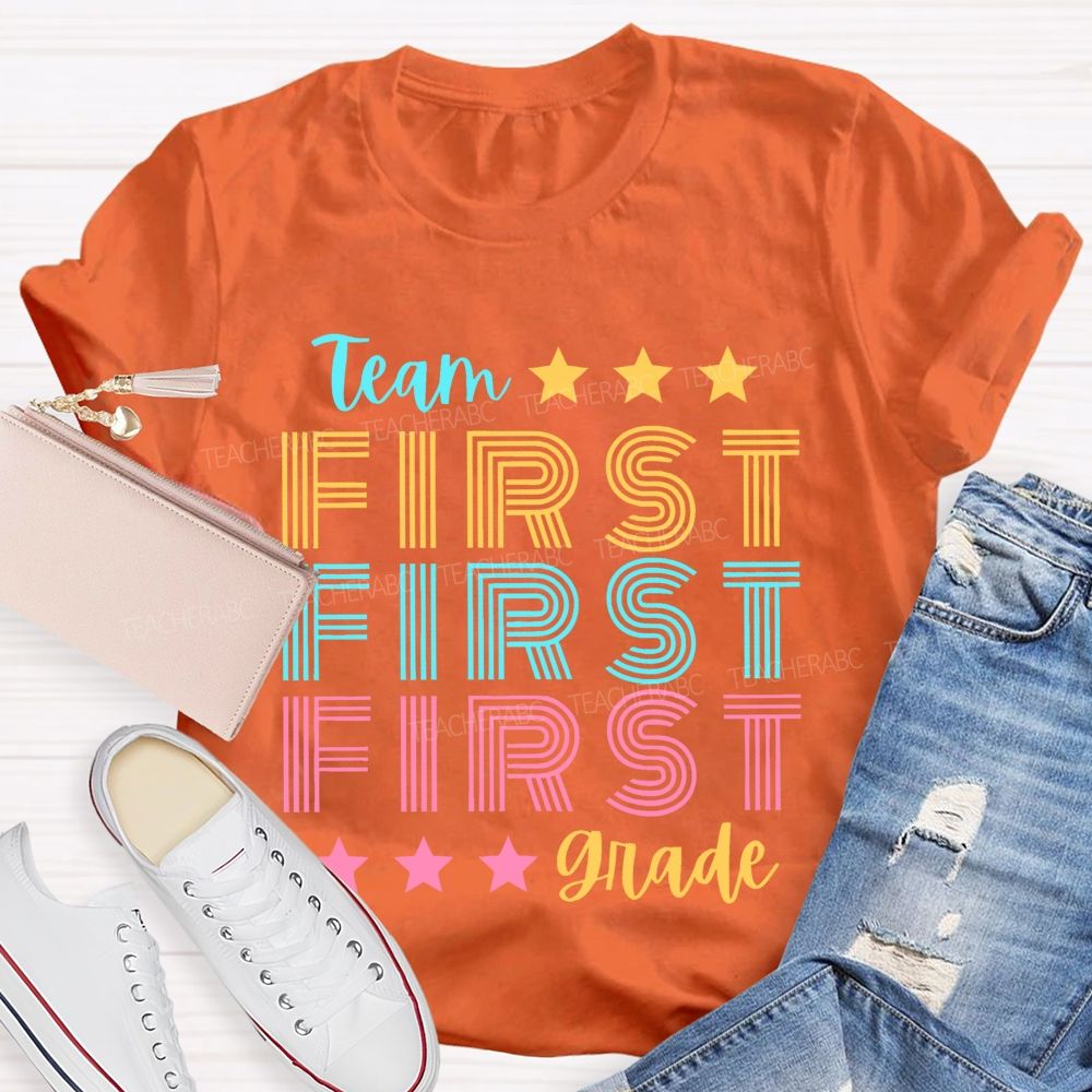 Personalized  Grade Team First Grade Colorful Letters  Teacher T-shirt