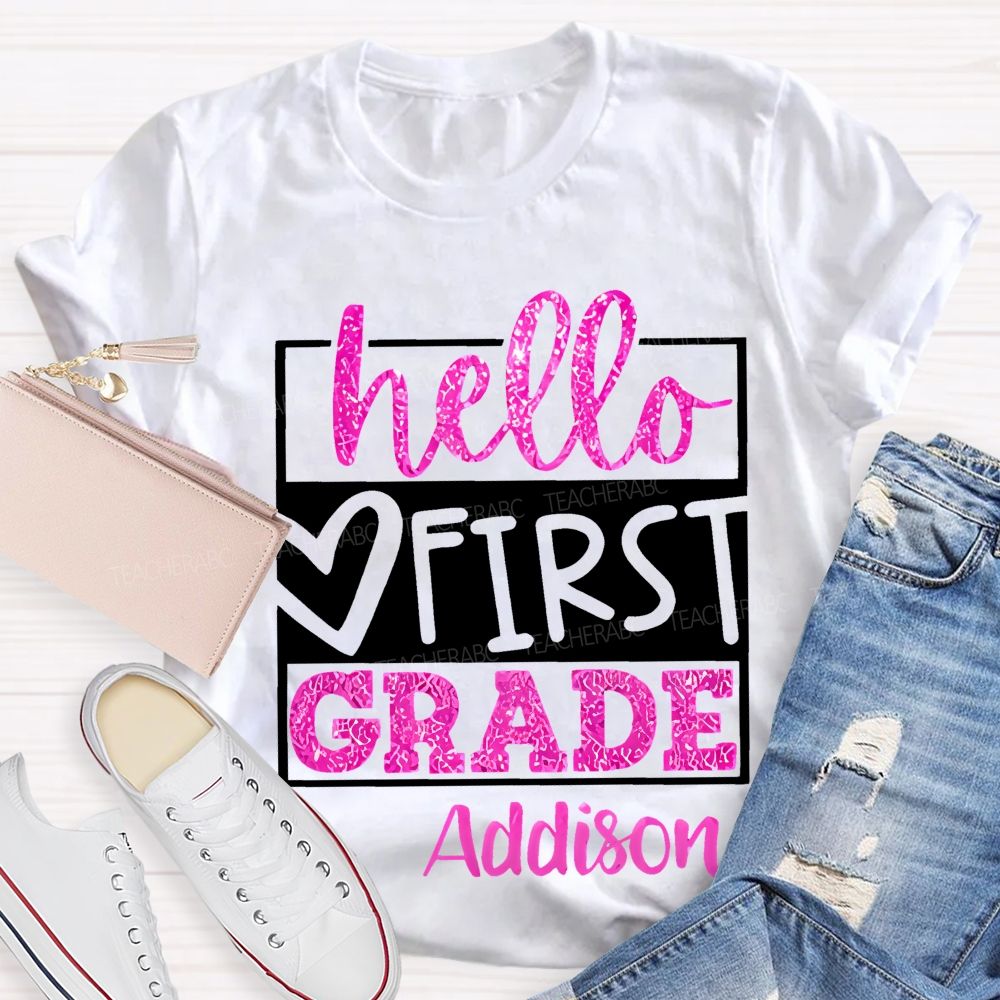 Personalized Name  And Grade  Hello First Grade Letters Graphics  Teacher T-shirt