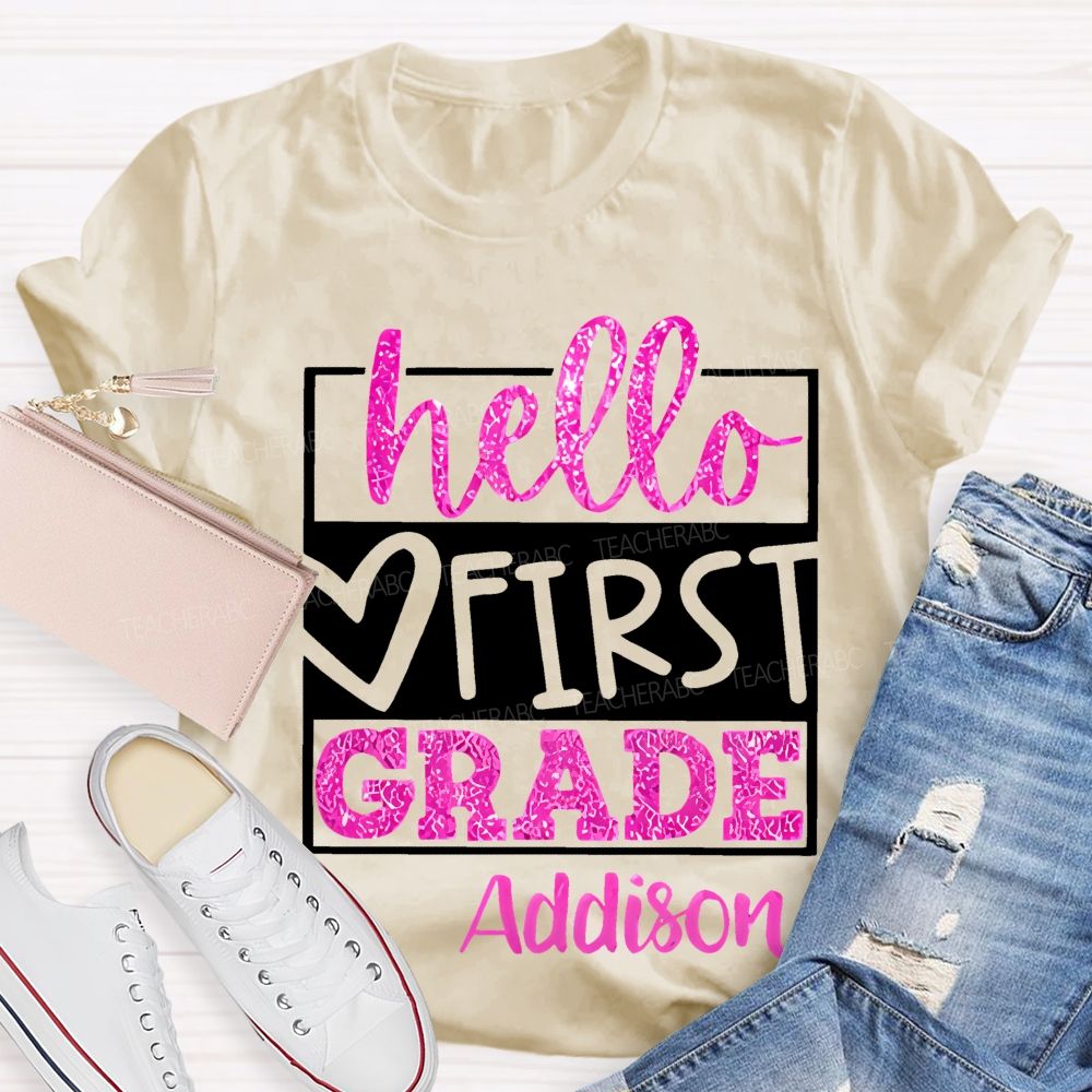 Personalized Name  And Grade  Hello First Grade Letters Graphics  Teacher T-shirt