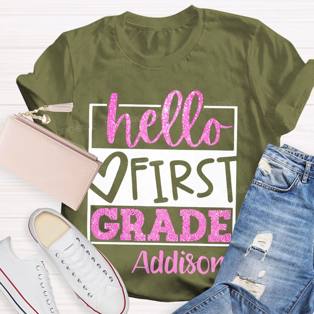 Personalized Name  And Grade  Hello First Grade Letters Graphics  Teacher T-shirt