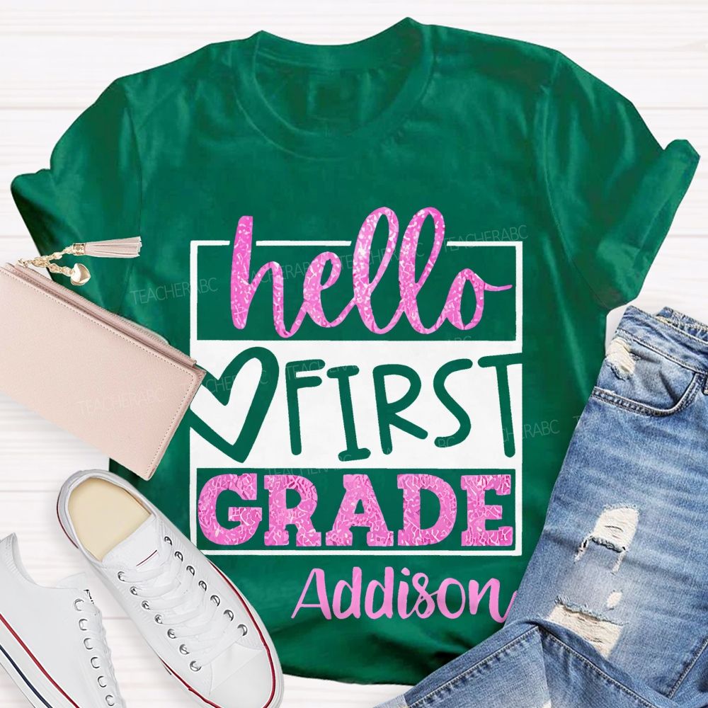 Personalized Name  And Grade  Hello First Grade Letters Graphics  Teacher T-shirt