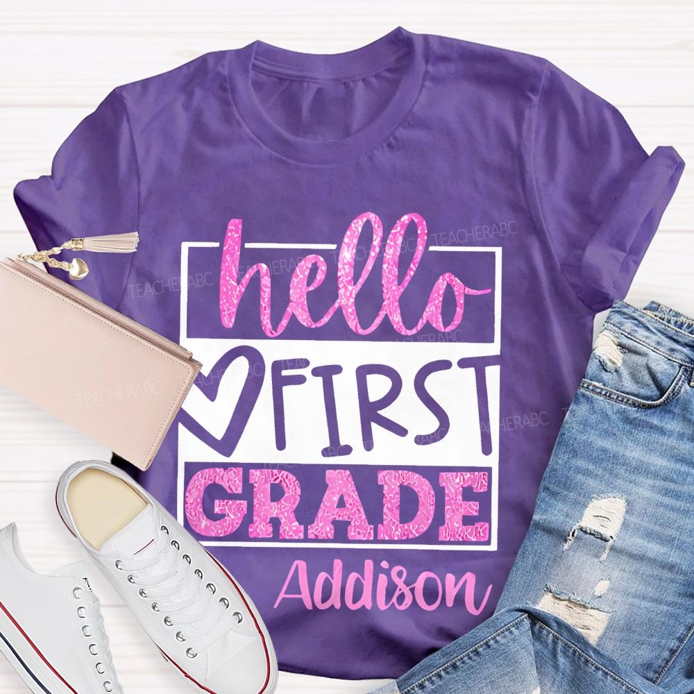 Personalized Name  And Grade  Hello First Grade Letters Graphics  Teacher T-shirt
