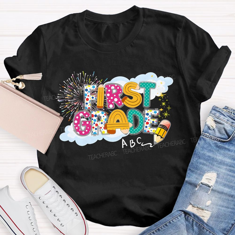 Personalized  Grade  First Grade   Fireworks Letters  Teacher T-shirt