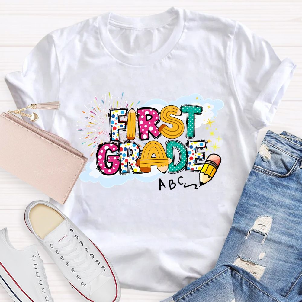 Personalized  Grade  First Grade   Fireworks Letters  Teacher T-shirt