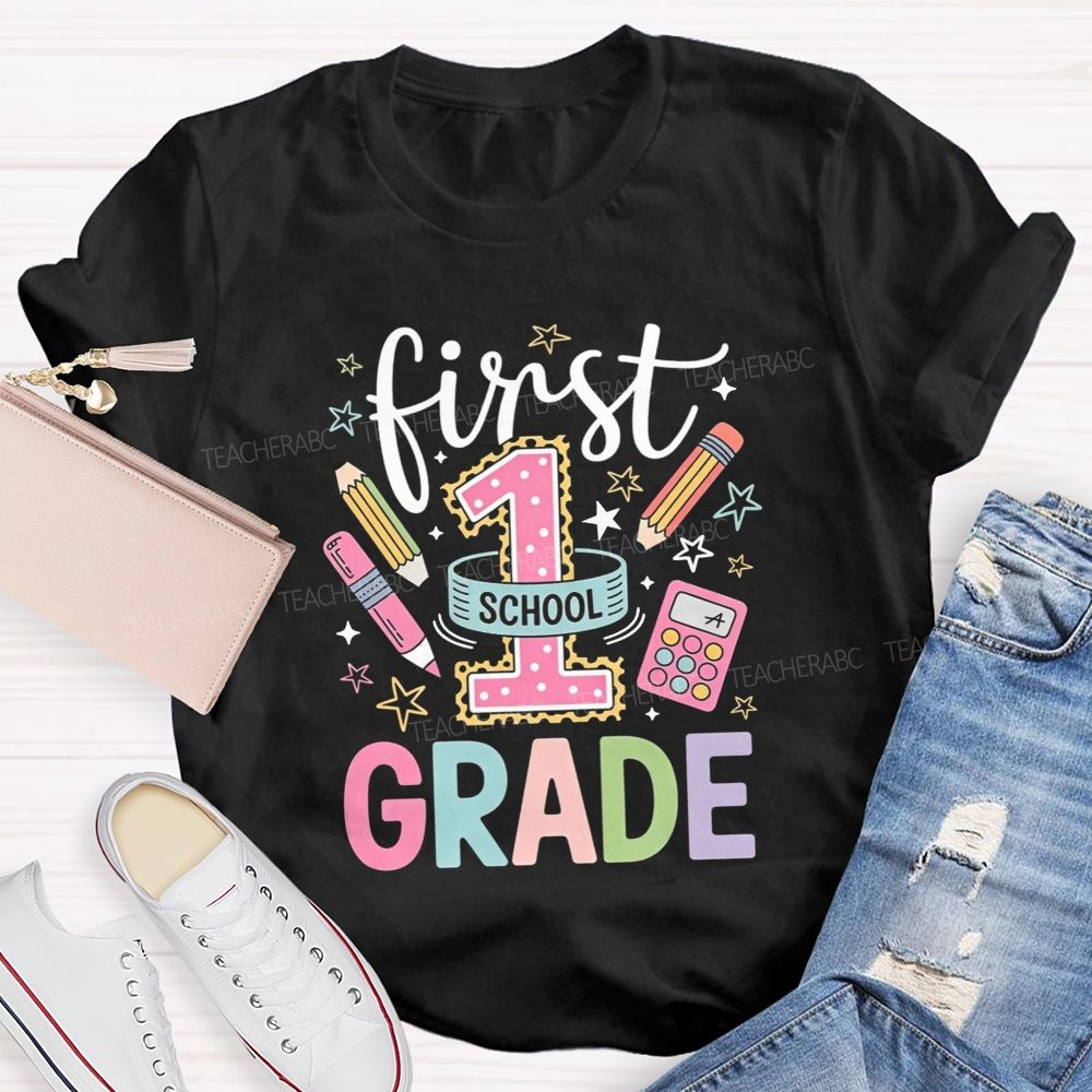 Personalized Grade First Grade Vibes Only Teacher T-shirt