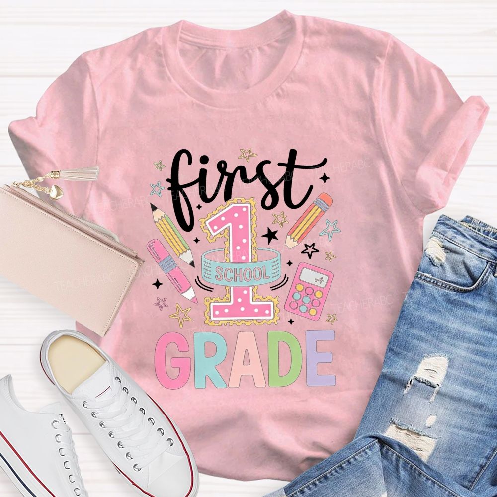 Personalized Grade First Grade Vibes Only Teacher T-shirt