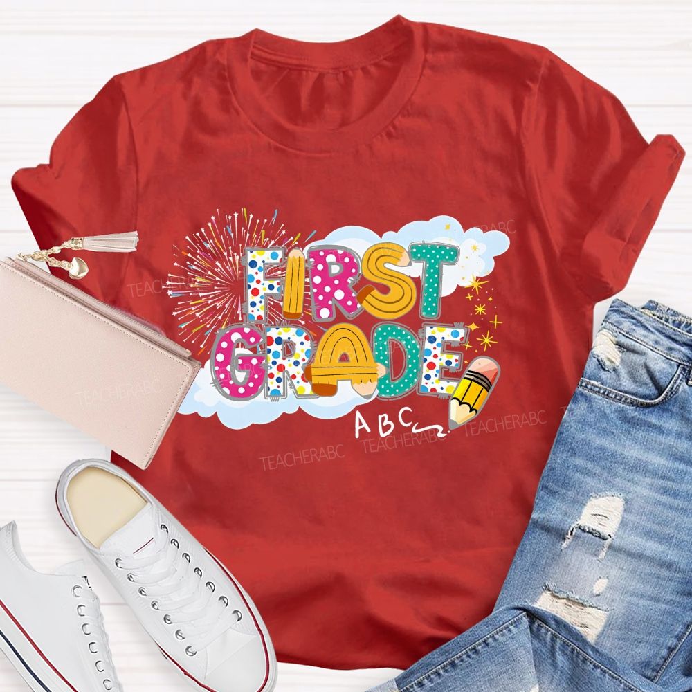 Personalized  Grade  First Grade   Fireworks Letters  Teacher T-shirt