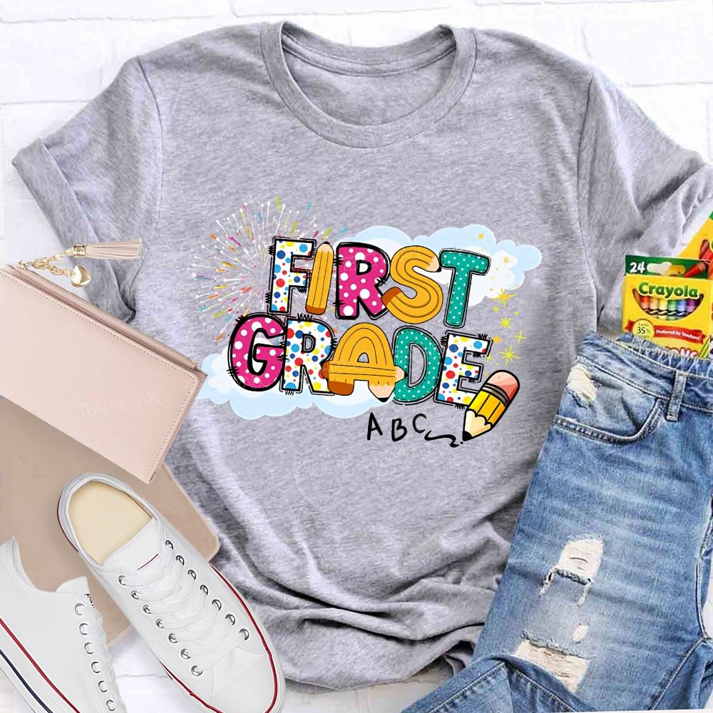 Personalized  Grade  First Grade   Fireworks Letters  Teacher T-shirt