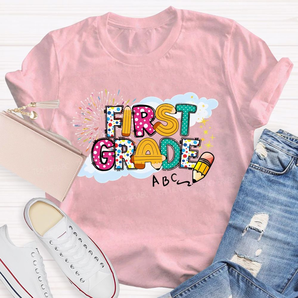 Personalized  Grade  First Grade   Fireworks Letters  Teacher T-shirt