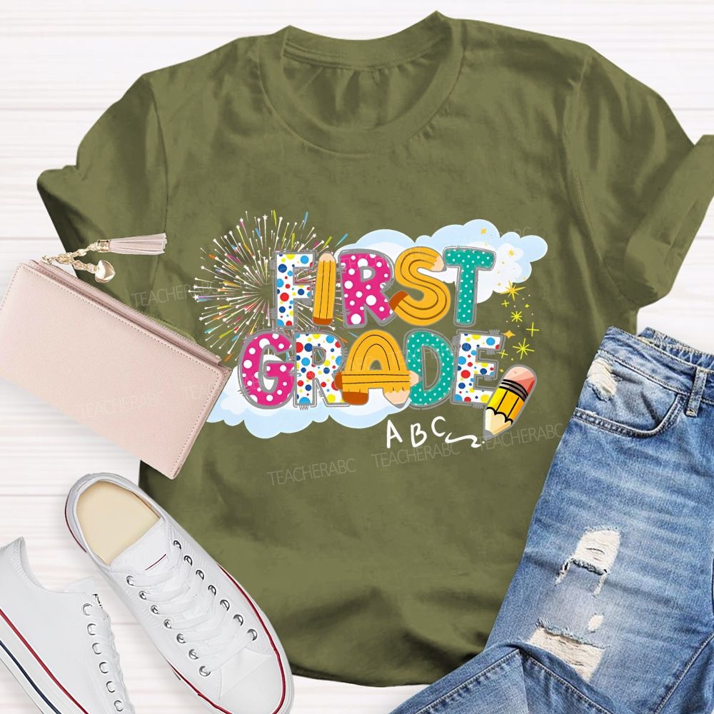 Personalized  Grade  First Grade   Fireworks Letters  Teacher T-shirt