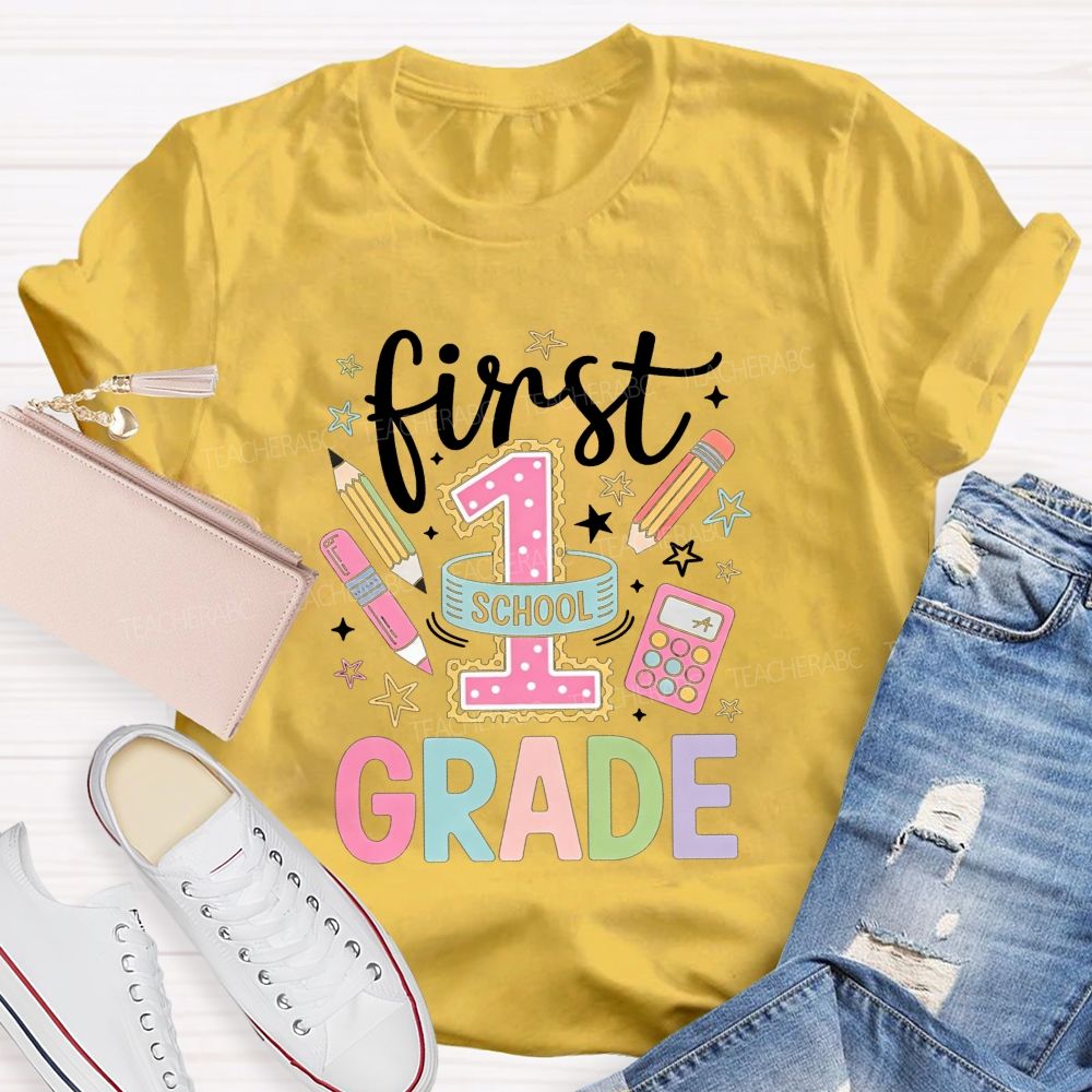 Personalized Grade First Grade Vibes Only Teacher T-shirt