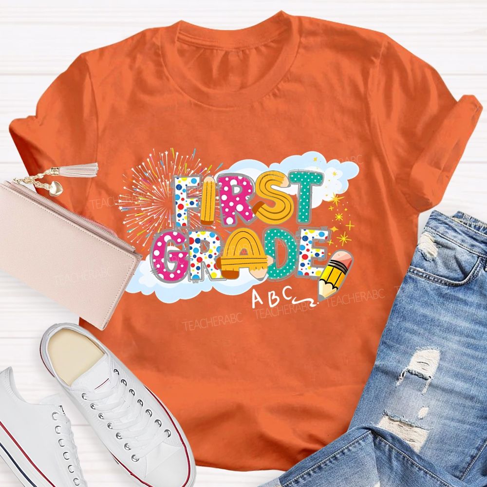 Personalized  Grade  First Grade   Fireworks Letters  Teacher T-shirt