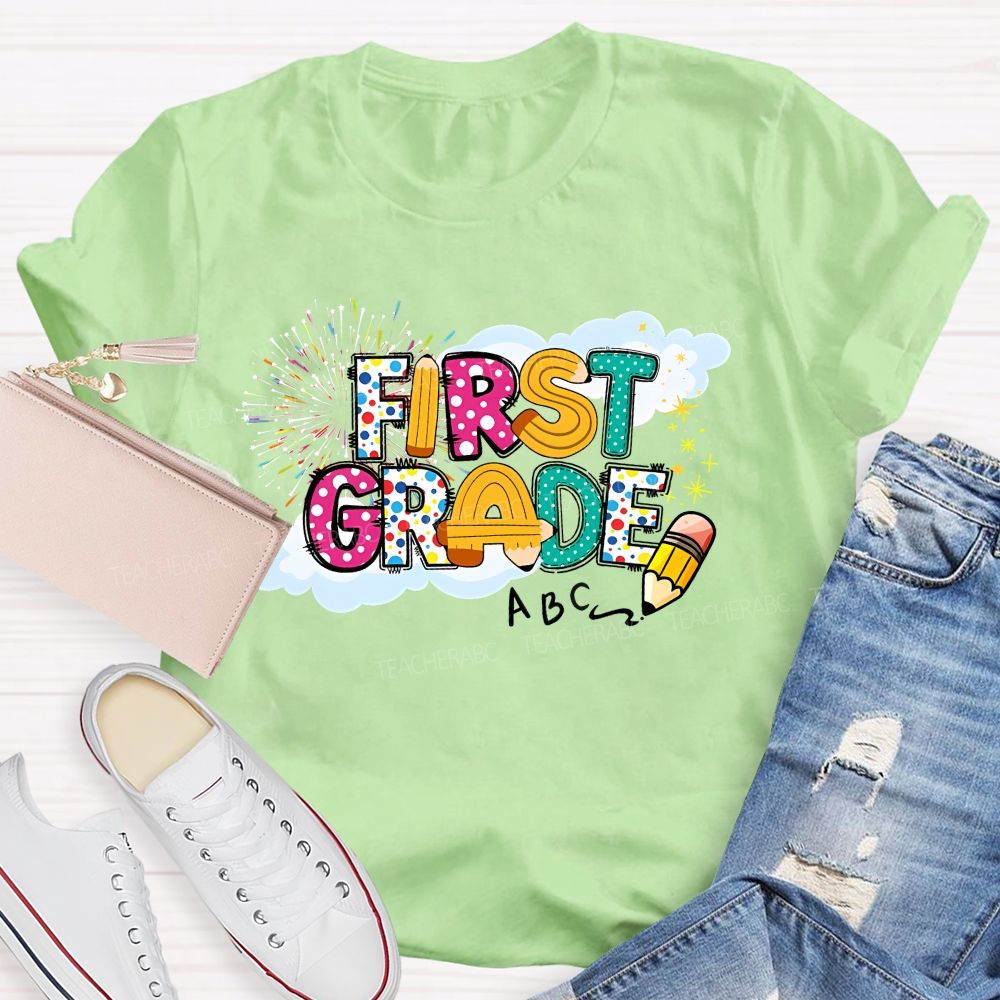 Personalized  Grade  First Grade   Fireworks Letters  Teacher T-shirt