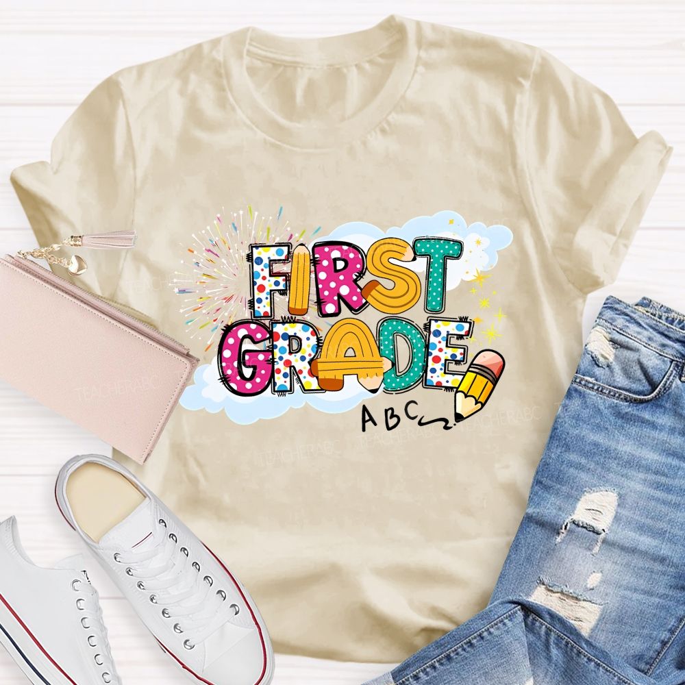 Personalized  Grade  First Grade   Fireworks Letters  Teacher T-shirt