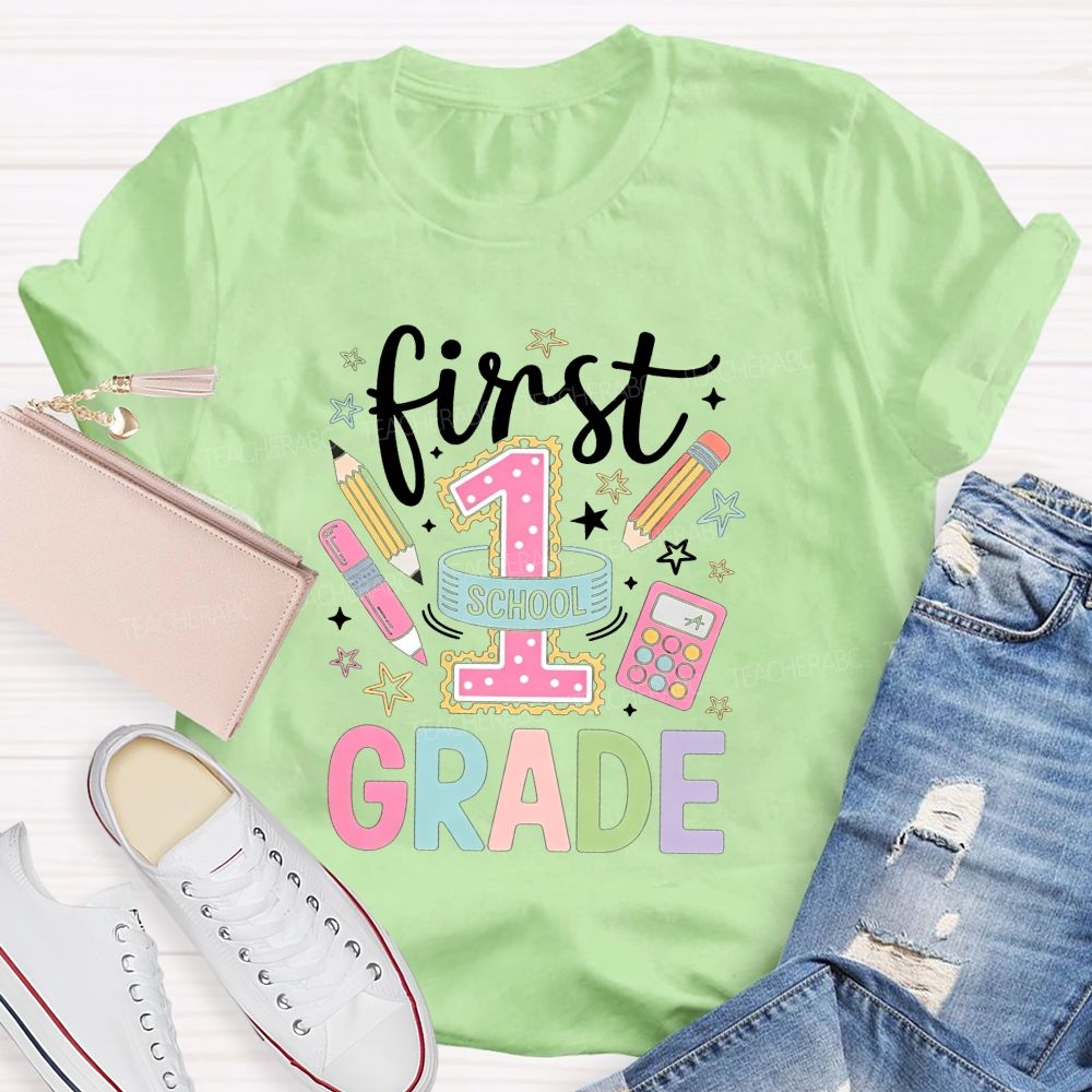 Personalized Grade First Grade Vibes Only Teacher T-shirt