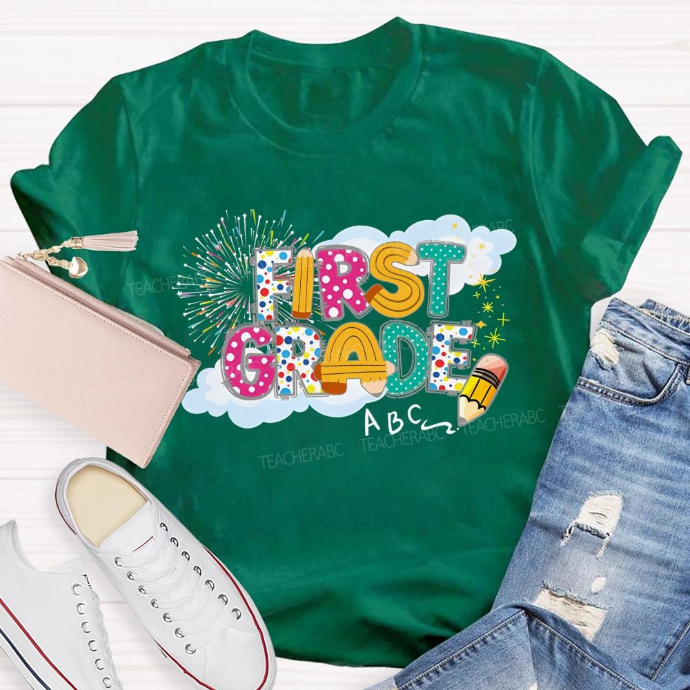 Personalized  Grade  First Grade   Fireworks Letters  Teacher T-shirt
