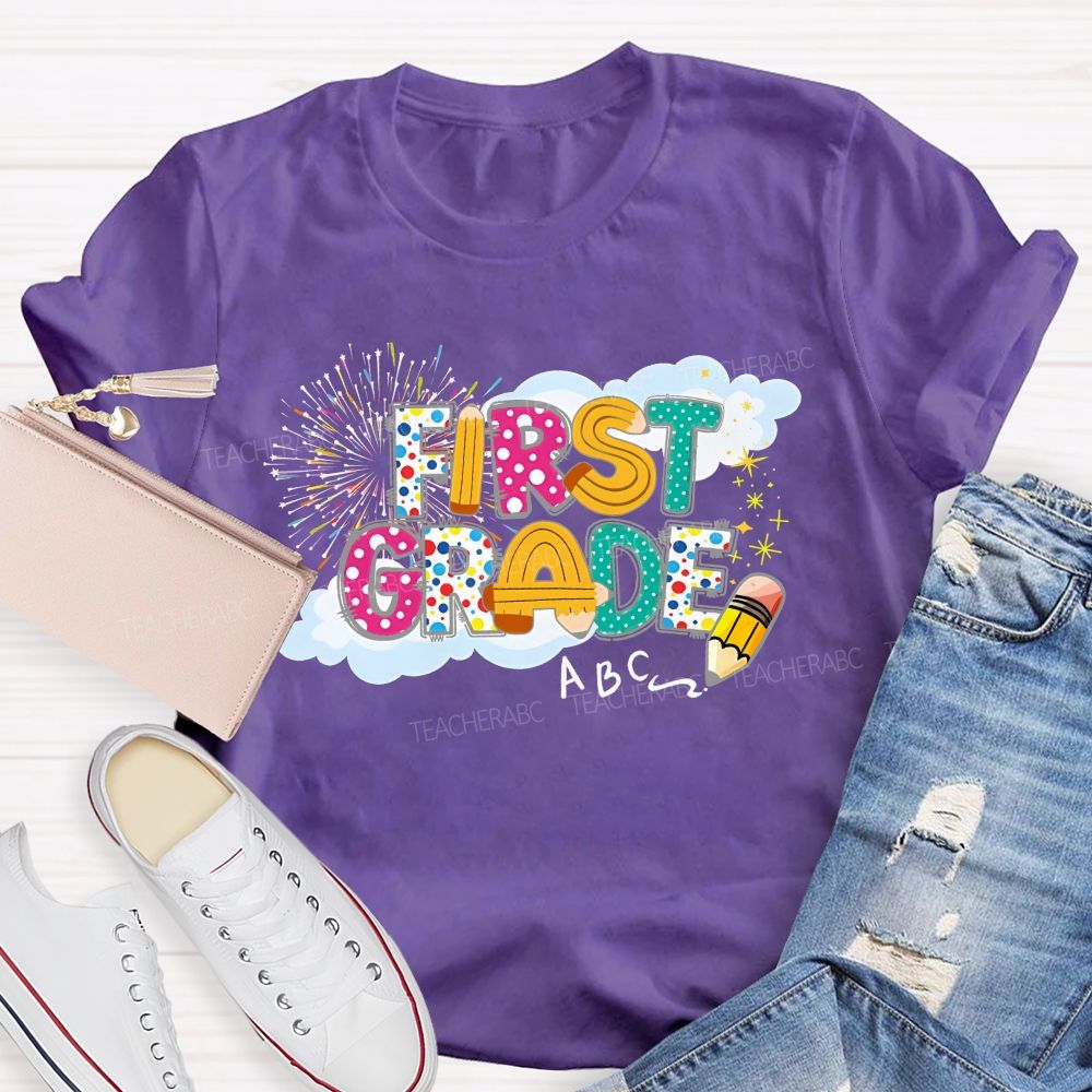 Personalized  Grade  First Grade   Fireworks Letters  Teacher T-shirt