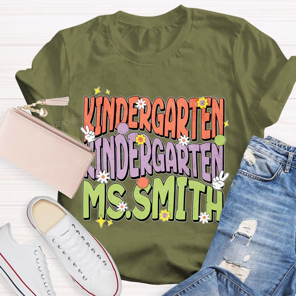 Personalized Name  And Grade  Kindergarten Flowers Graphics  Teacher T-shirt
