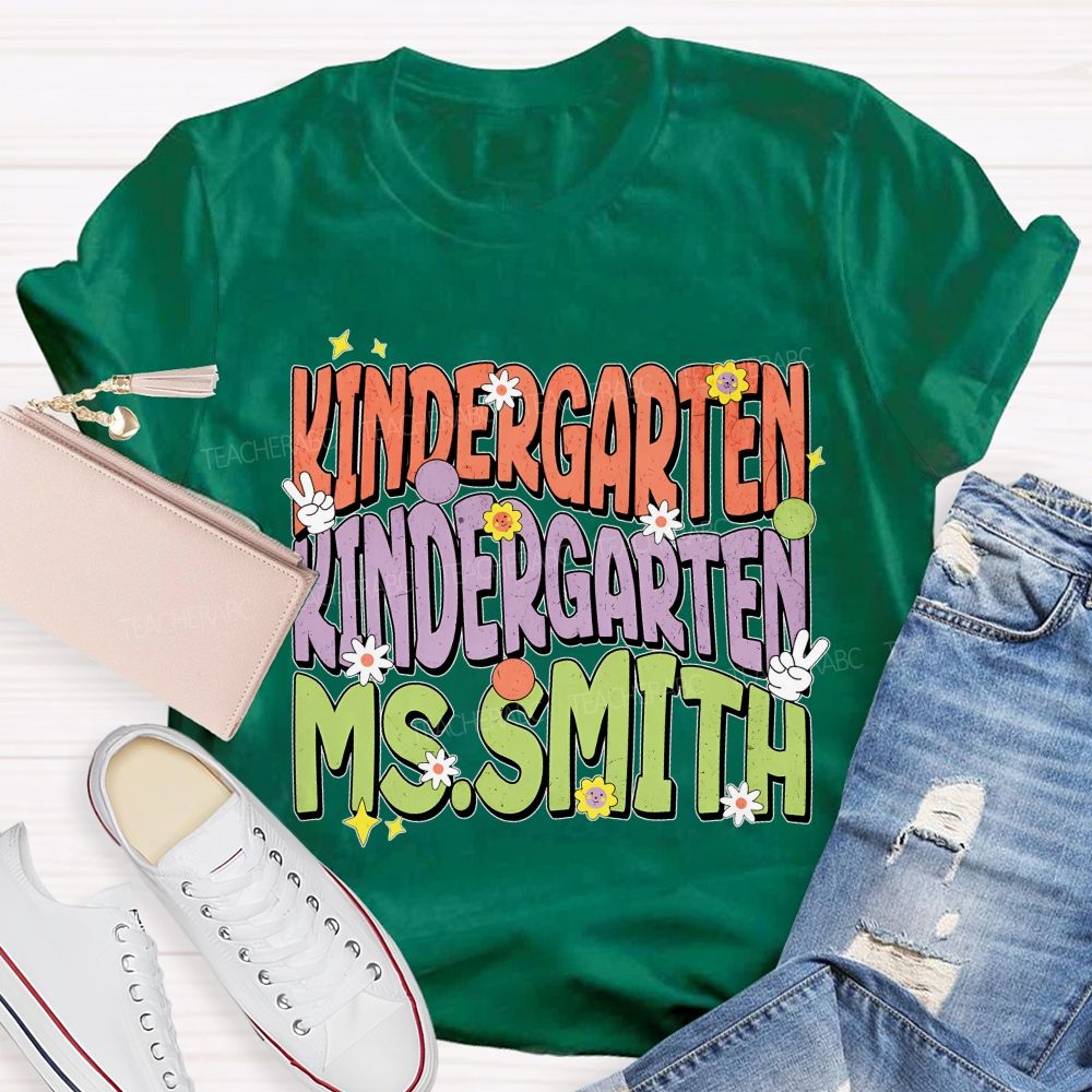 Personalized Name  And Grade  Kindergarten Flowers Graphics  Teacher T-shirt