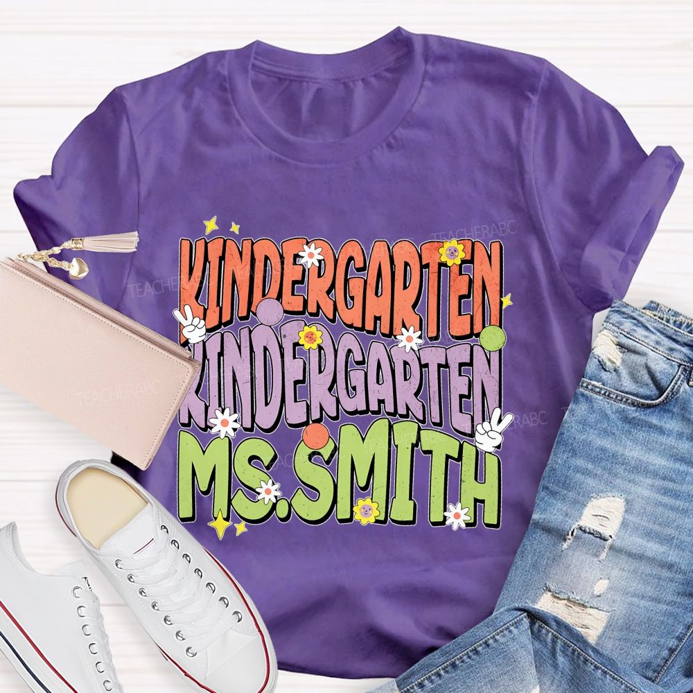 Personalized Name  And Grade  Kindergarten Flowers Graphics  Teacher T-shirt