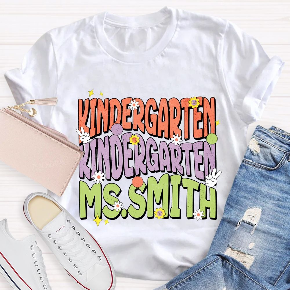 Personalized Name  And Grade  Kindergarten Flowers Graphics  Teacher T-shirt