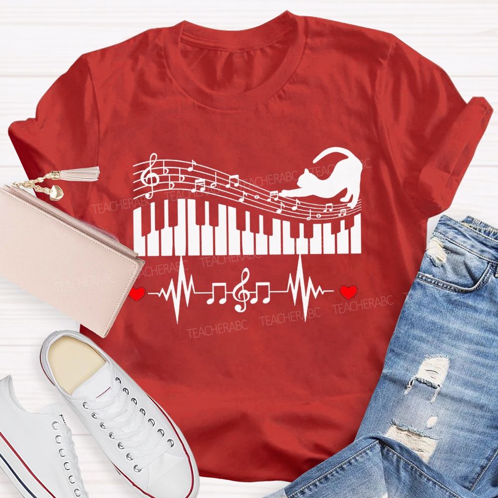 Cat Playing Music Heart Beating To The Beat Teacher T-shirt
