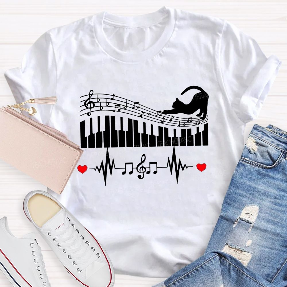 Cat Playing Music Heart Beating To The Beat Teacher T-shirt