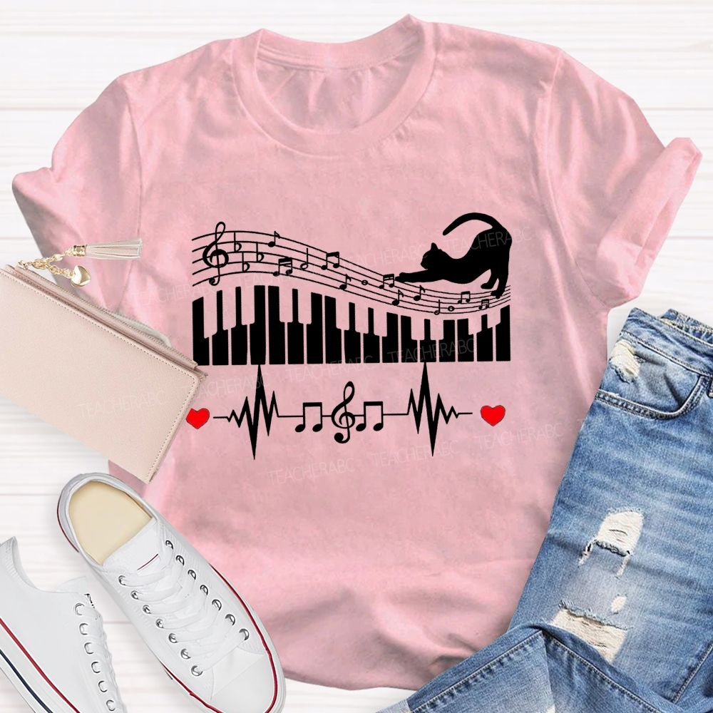 Cat Playing Music Heart Beating To The Beat Teacher T-shirt