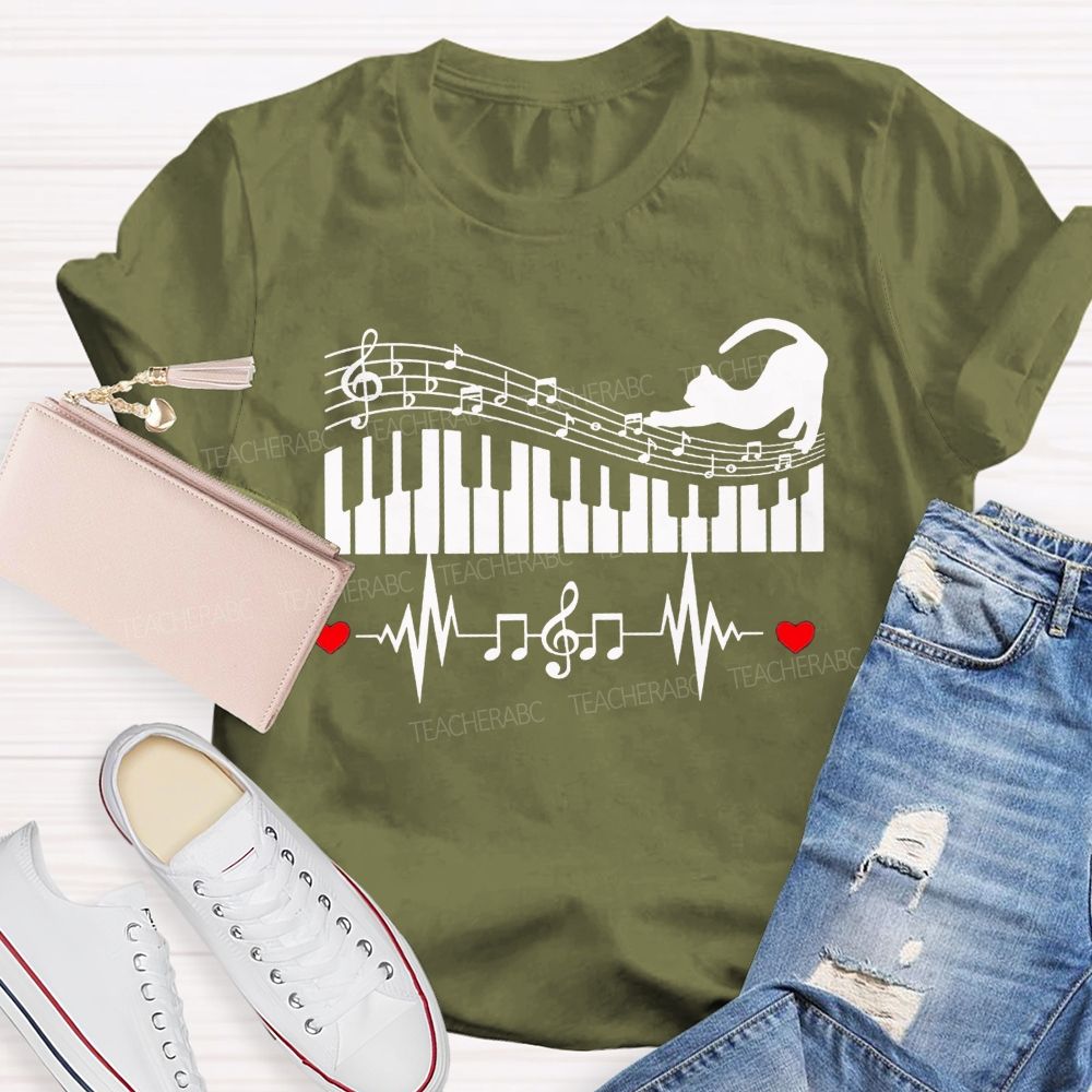 Cat Playing Music Heart Beating To The Beat Teacher T-shirt