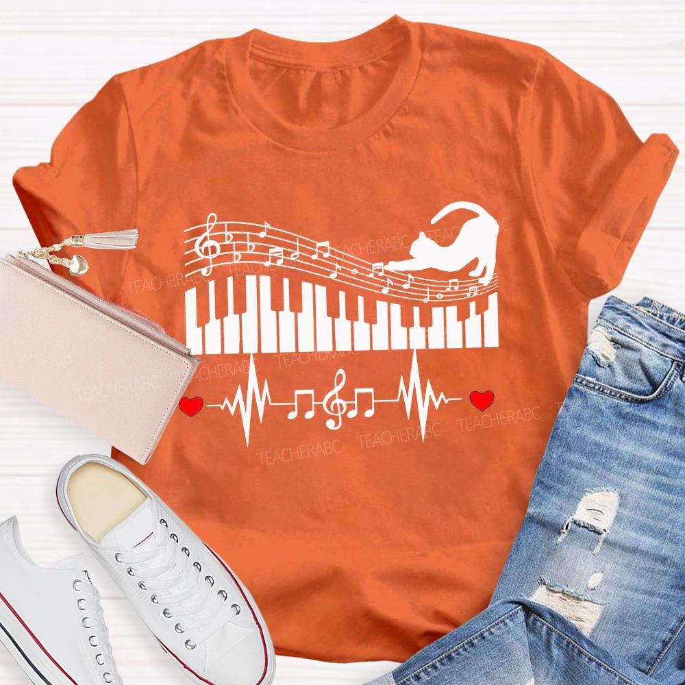 Cat Playing Music Heart Beating To The Beat Teacher T-shirt