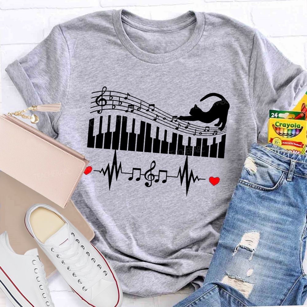 Cat Playing Music Heart Beating To The Beat Teacher T-shirt