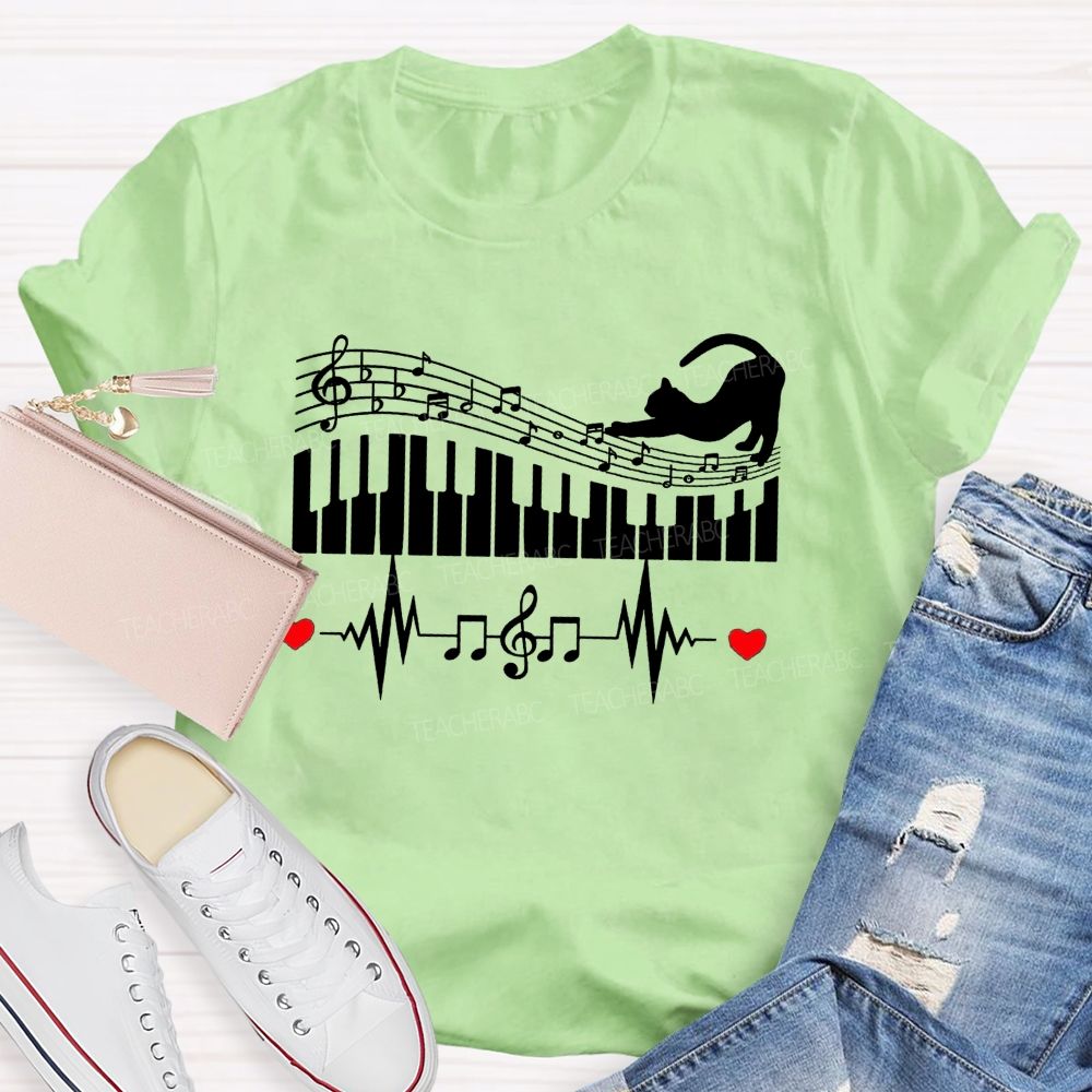 Cat Playing Music Heart Beating To The Beat Teacher T-shirt